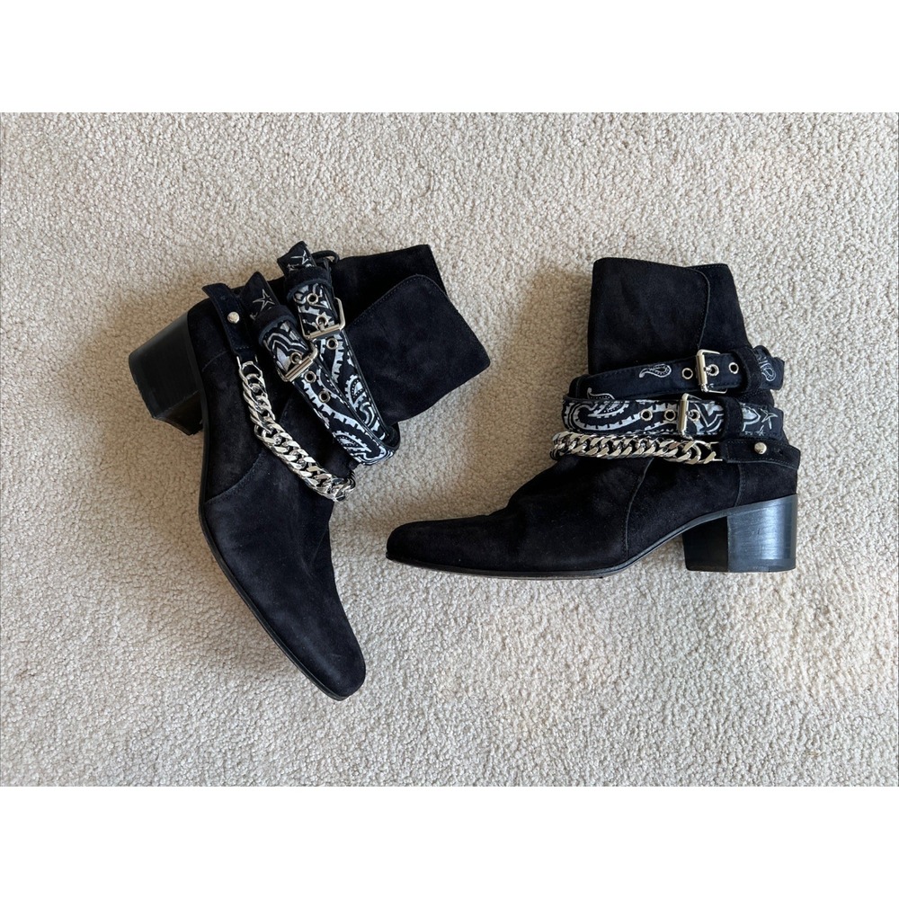 AMIRI Bandana Chain Buckle Suede Leather Boots Black Womens Size 39 US 8.5 9